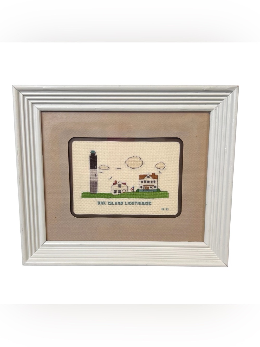 Oak Island Lighthouse Cross Stitch Framed  Vintage 1984 NC Coastal Art